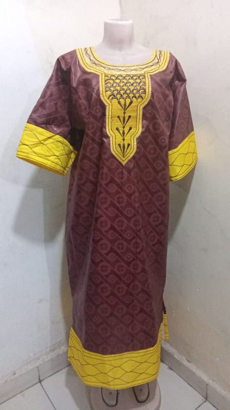 Brown And Yellow Embroidered Flowing Dress