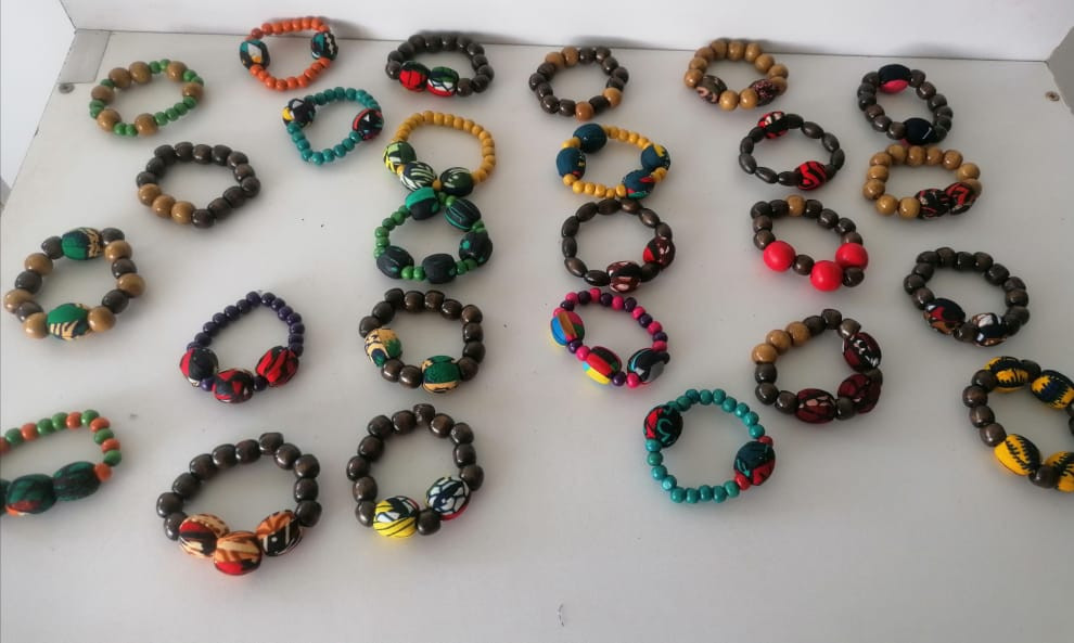 Wooden Black Bead Bracelet with Ankara Detail