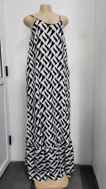Printed White and Black Maxi Dress